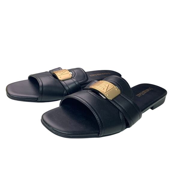 Stratuxx Kaze Womens Size 7 Black Gold Sandal Flats Square Open Toe Shoes - Picture 3 of 5